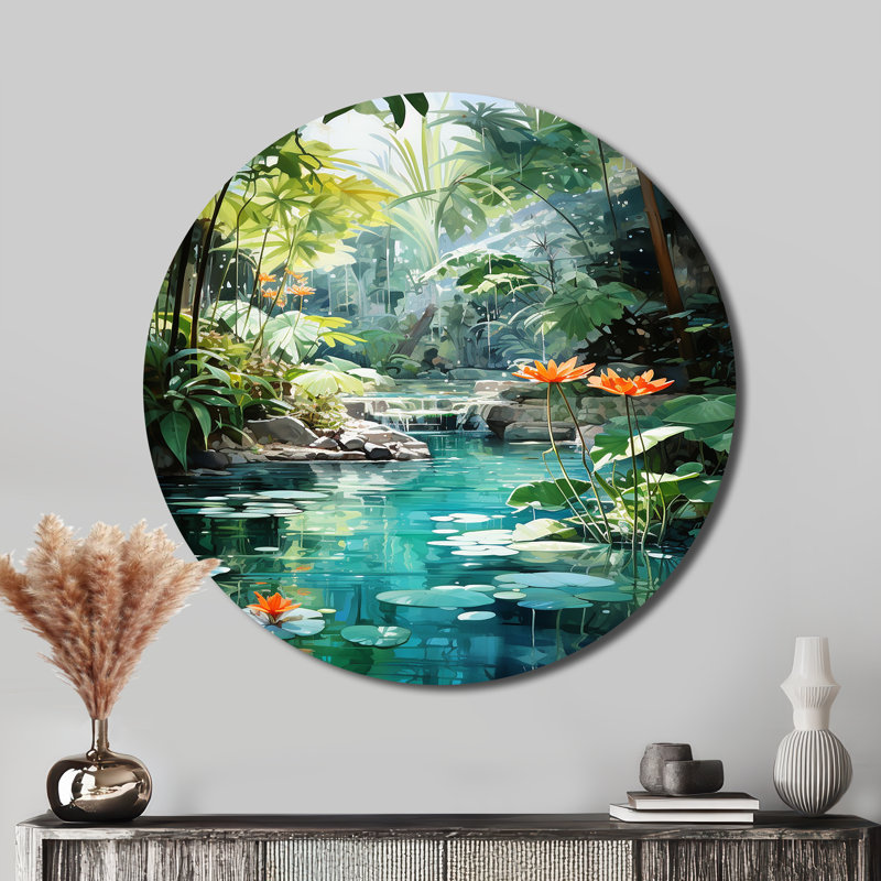 Emeraude oasis, paysage luxuriant - art rond en métal, H 23 po x l 23 po