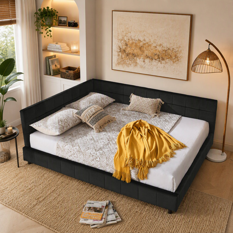Cadre de lit capitonné Queen Size, canapé-lit avec dossier et accoudoirs confortables pour la chambre et le salon, Noir