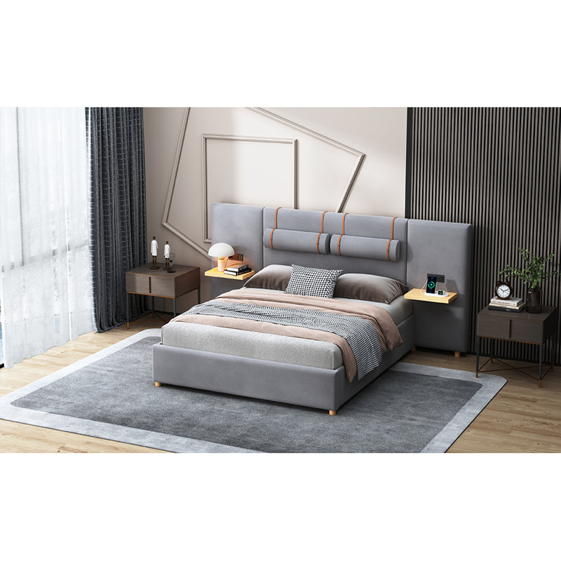 Queen Upholstered Platform Bed, Two Outlets And USB Charging Ports On Both Sides, Two Bedside Pillows, Storage Shelves, Velvet,Gray