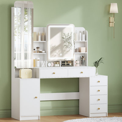 Dressing Table with LED Lighting, Adjustable Brightness, Vanity Desk with Full Length Mirror, Vanity Table with 8 Open Spaces, 6 Drawers, 1 Storage Cabinet, White 