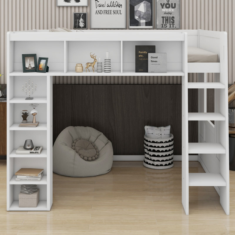 Space-Saving Wooden Loft Bed With Built-In Shelves, White
