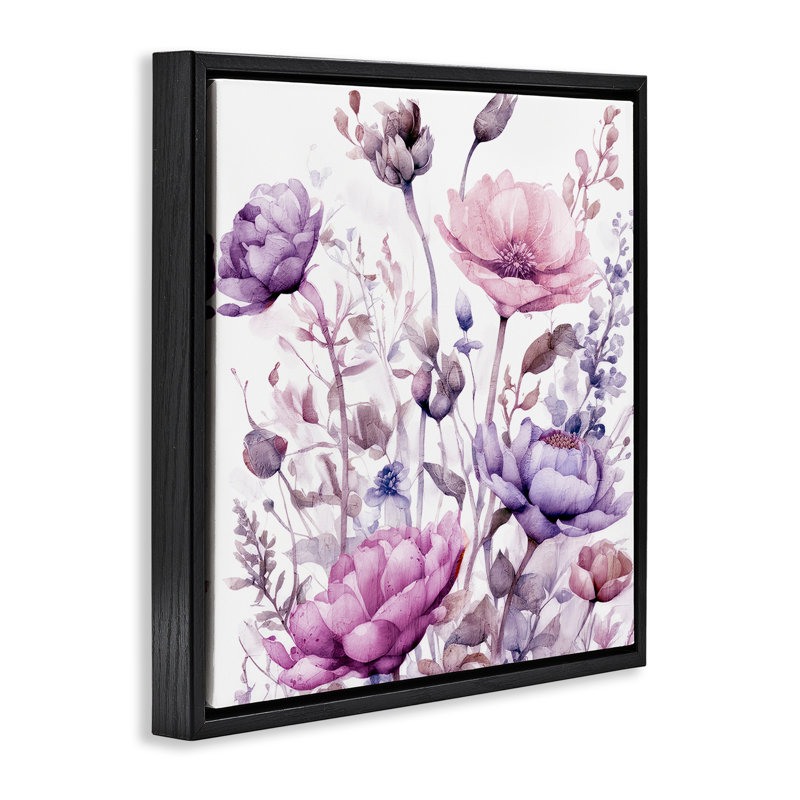 Cadre flottant fleurs mauves et roses, design par Kim Lewis, H 18 po x l 18 po, Cadre flottant noir de jais