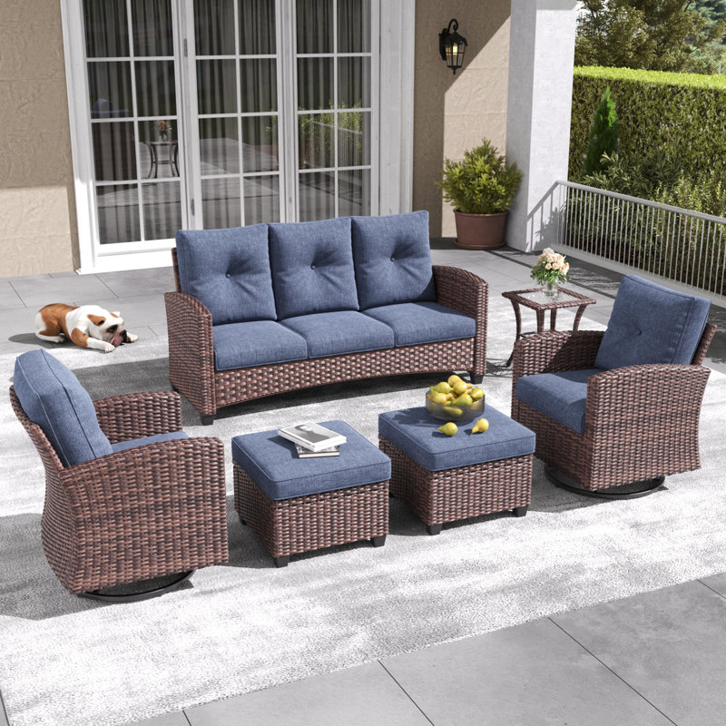 Lark Manor 6 Pieces Patio Furniture Set with Swivel Chairs, Rattan Wicker Rocking Glide Chairs with Ottomans Conversation Set