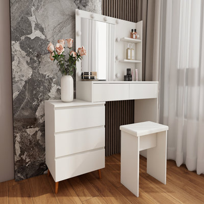 Coiffeuse avec miroir à DEL et coiffeuse de beauté blanche avec tiroirs de rangement, tabouret assorti et compartiments de rangement pour les pinceaux de maquillage et les cosmétiques