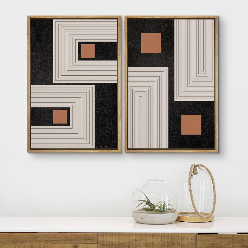 «Black and Brown», ensemble de 2 motifs géométriques en spirale à motif géométrique moderne sur toile, Cadre naturel flottant