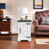 Sophiea Farmhouse End Table With Barn Door And Adjustable Storage Shelf, Rustic Sofa Side Table, Nightstand