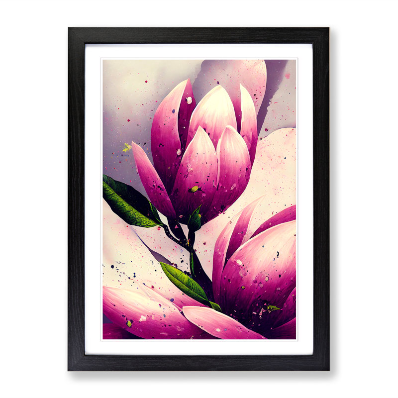 Ludwicka Magnolia Flower Paint Splatter Vol.1 - Picture Frame Print, Black, 64cm H x 46cm W