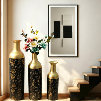 Ensemble de 3 vases de plancher décoratifs en feuille d'or - Élégants vases en fer noir et or pour le salon et l'entrée
