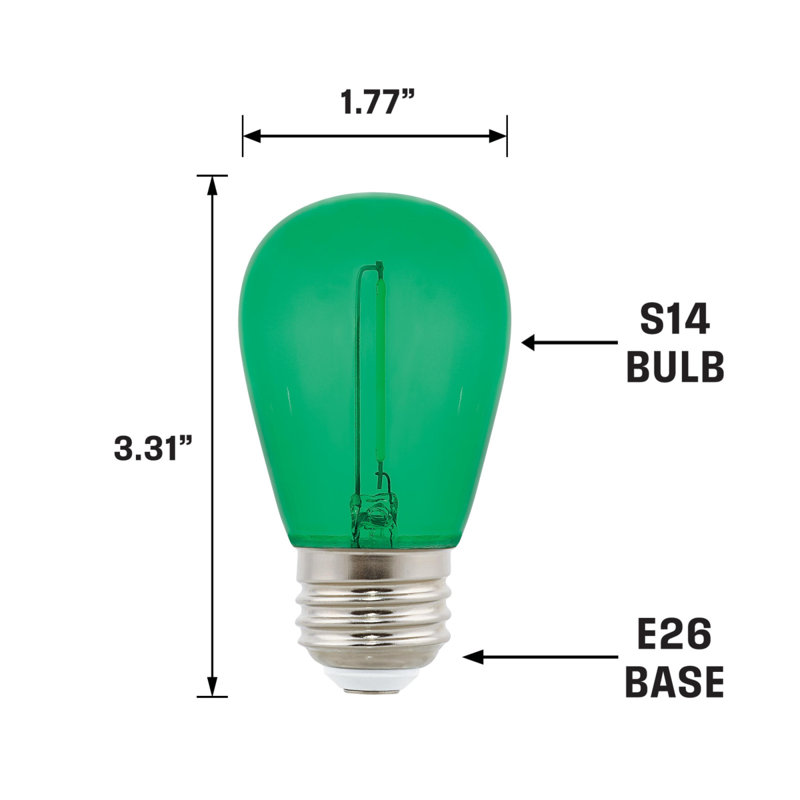 Ampoule à filament vert S14 de 2 watts (équivalent à 40 watts), base moyenne, paquet de 6