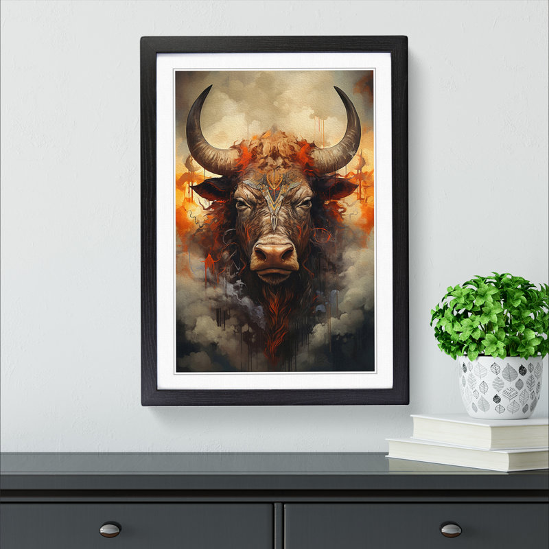 Buffalo Symbolism - Single Picture Frame Print on Wood, Black Framed, 46cm H x 34cm W x 2cm D