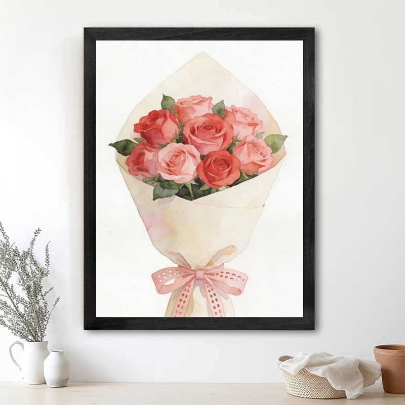Noir encadré la Saint-Valentin - aquarelle, bouquet de roses, impression sur toile de style aquarelle, H 37 po x l 25 po