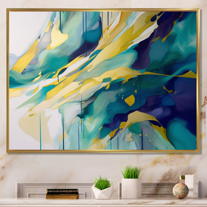Impression sur toile, or et turquoise, ordre complexe I, H 16 po x l 32 po x P 1 po, Cadre flottant doré