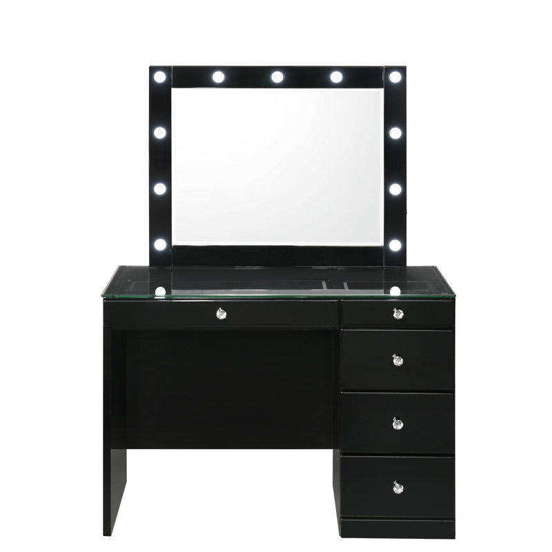 Miroir lumineux à DEL avec coiffeuse de maquillage noire 2 pièces avec 5 tiroirs, plateau en verre trempé de 8 mm, cristal, pour miroir de modernisation de chambre à coucher, contemporain