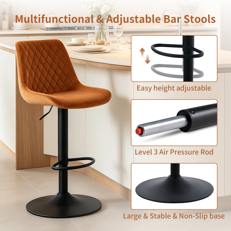 Velvet/Suede Adjustable Height Bar Stools with Gas‑Lift 360° Swivel, Velvet Orange