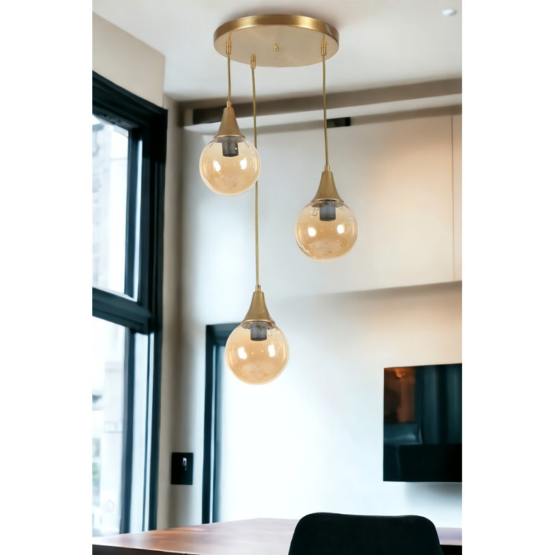 Elegant Amber & Gold Chandelier, Adjustable Height, 11.8 inches Diameter | Metal Body with Glass Cap, E27 Socket (Max 40W) | Perfect for Dining Rooms & Living Spaces, Stylish & Durable Design, IP20 Rated