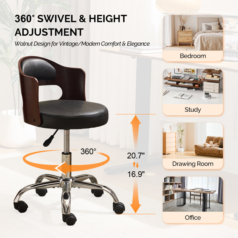 Ring-Shaped Wooden Back Office Chair With Foot Spikes And Wheels, Black