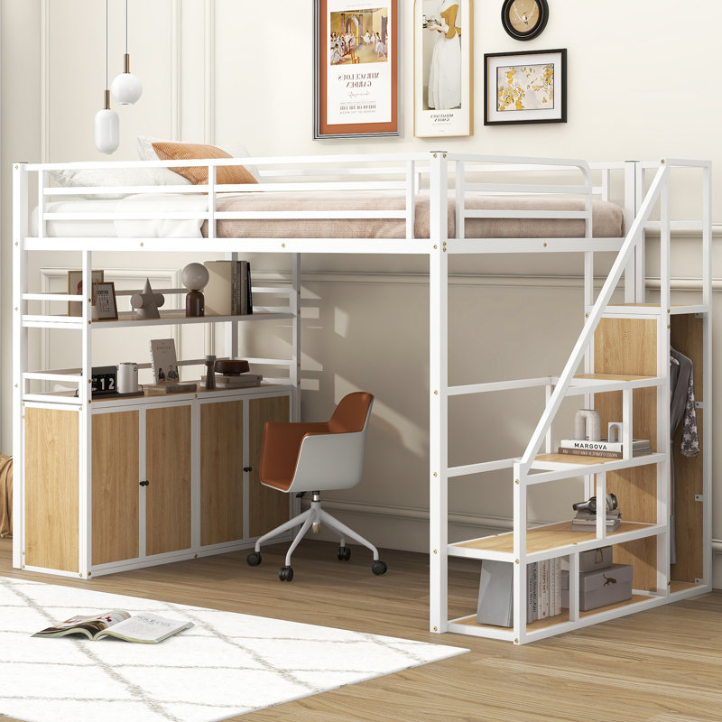 Lit mezzanine en métal avec escalier de rangement et garde-robe
