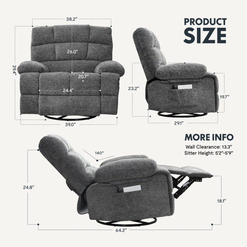 Fauteuil inclinable de massage surdimensionné avec siège chauffant, très grand, capacité de 350 lb, Gris