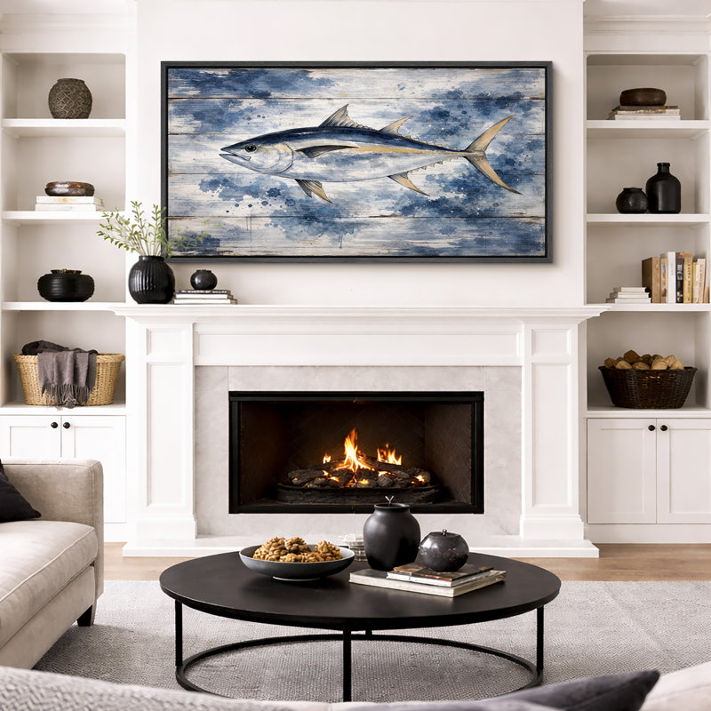 Blue Yellow Tuna Fish on Distressed Wood Coastal Nautical Wall Decor Extra Large Pictures Framed Canvas Print Wall Art, Black