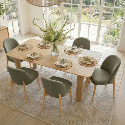 7-Piece Rectangular Solid Wood Dining Set with 6 Linen Chairs