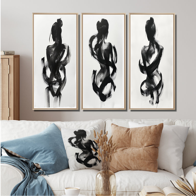Silhouette de femme minimaliste I - Collection de 3 grands panneaux modernes sur toile, Crème, crème, H 32 po x l 48 po