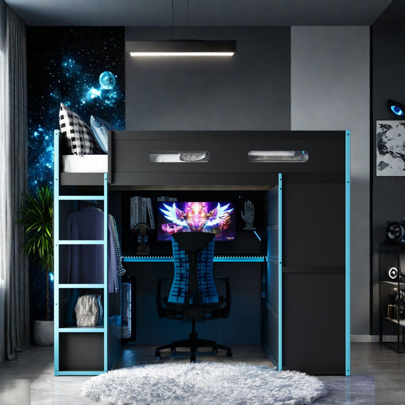 Full Size Wood Loft Bed With Desk,Wardrobe,Ample Storage Space,And RGB LED Light, Blue