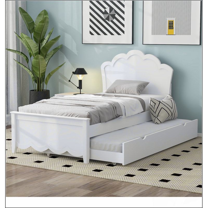 Twin Size Wood Platform Bed With Headboard And Twin Size Trundle, White, Twin
