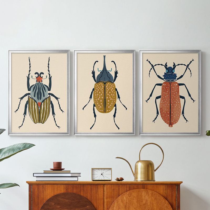 Beetle Bug I - Toile tendue avec châssis sur mesure - 3 pièces, H 15 po x l 19 po, Argent argent