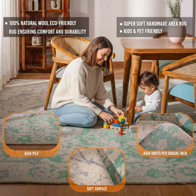 Tapis écologiques tissés à la main en laine tissée à la main - 8 pi x 10 pi, vert, beige, motif oriental, tapis épais antidérapants faits à la main pour salon, chambre à coucher
