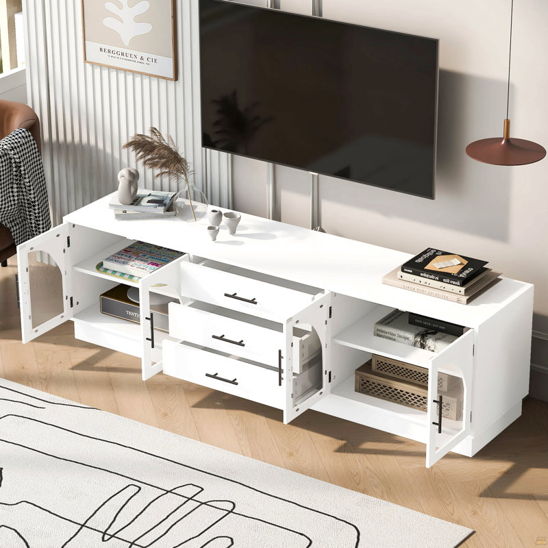 Meuble télé 68,9 po pour téléviseur de 75 po ou moins, meuble multimédia avec tablettes réglables, White