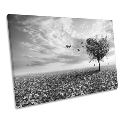 Autumn Tree Sunset Love Heart B&W - Wrapped Canvas Print
