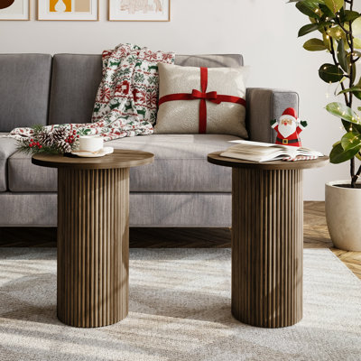 Pedestal Wood Round End Table Set Drum Side Table (Set of 2)