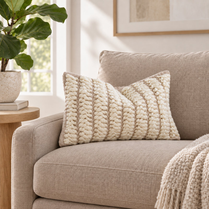 Textured Wool Lumbar Pillow Cover Cream Chunky Woven 12 x 20