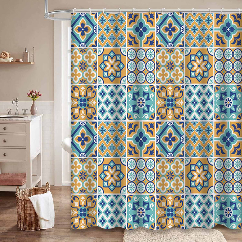 Rideau de douche décoratif à motif abstrait arabesque bleu marine avec 12 crochets, L 72 po x l 72 po