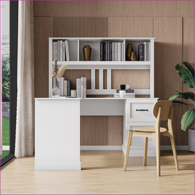 Bureaux avec huche, bureau d'ordinateur de bureau blanc antique 59,84 po avec rangement | Blanc | Panneau de fibres à densité moyenne