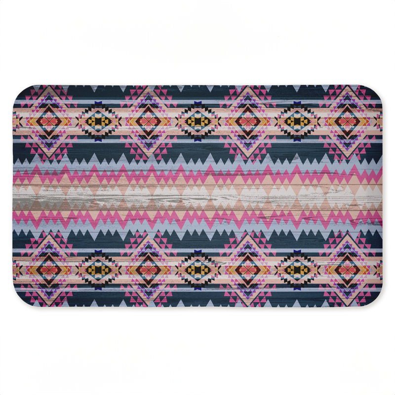 Tapis de sol à motif géométrique rose et bleu Boho, par Jennifer Ellory, 30 po x 18 po, Géométrique, Rose / bleu
