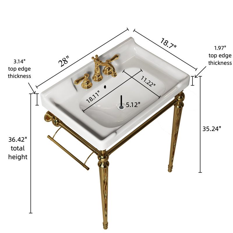 Lavabo de salle de bain 28 po, lavabo mural en céramique blanche, 3 trous de robinet standard, or, structure de support en acier inoxydable avec barre à serviettes amovible, haute performance, facile à nettoyer, à gratter, non