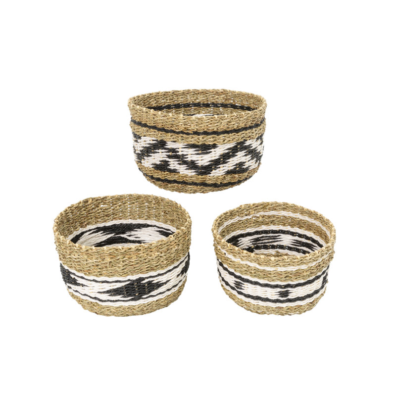 Set of 3 Seagrass and Paper Rope Baskets – Natural Hand-Woven Decorative Storage with Geometric Patterns