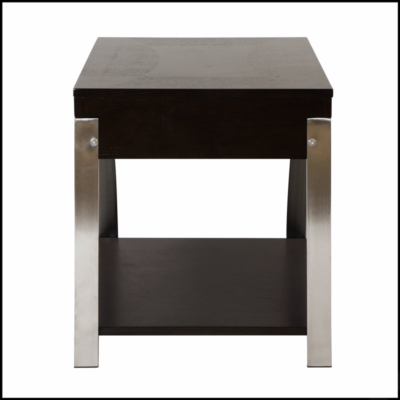 Table d'appoint moderne pour salon avec tiroir et étagère inférieure, en bois expresso et métal chromé, style unique.