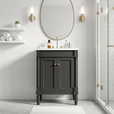 24 Inch Modern Single Sink Bathroom Vanity Cabinet with Countertop Sink and 2-Tier Large Storage Shelves