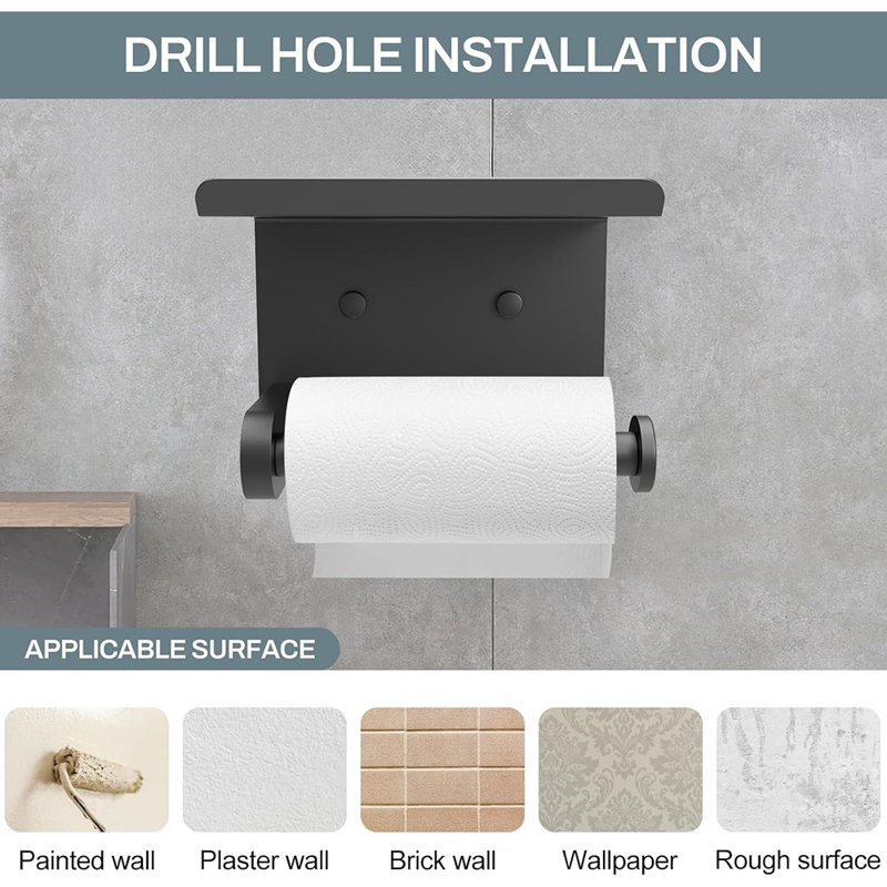 Porte-papier hygiénique mural avec tablette - Adhésif ou vis, porte-papier hygiénique noir mat pour la salle de bain