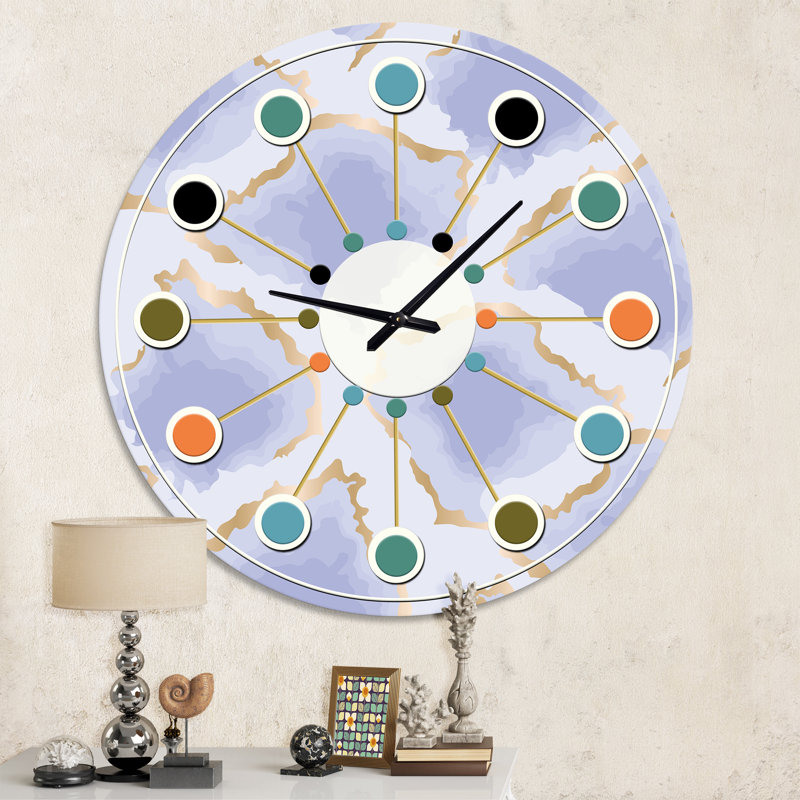 Motif de formes abstraites bleu pastel et or - horloge murale moderne Mid-Century, Moyenne