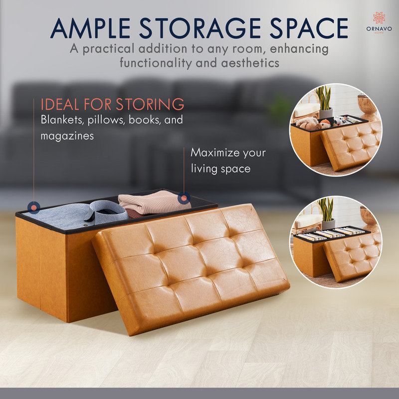Cognac Faux Leather Tufted Foldable Storage Ottoman Bench