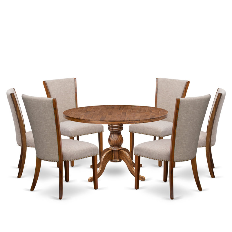 L'ensemble de salle à manger 7 pièces pour 6 personnes comprend une table ronde de 48 po avec piédestal et 6 chaises rembourrées en tissu de lin brun clair, noyer antique