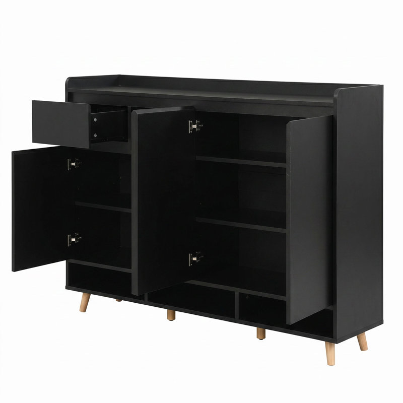 Armoire de rangement à chaussures moderne avec tablettes réglables avec pieds en bois massif, rangement à compartiments avec tiroir