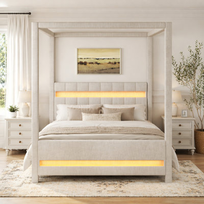 Grand lit plateforme à baldaquin tapissier avec lumières DEL et tête de lit