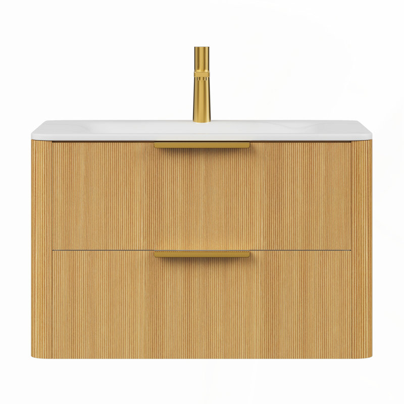 Meuble-lavabo 36 po avec grille flottante ultra-mince, comptoir en pierre frittée et cuve en céramique, tiroir à fermeture en douceur, capteur de lumière, pré-assemblé, grain de bois clair