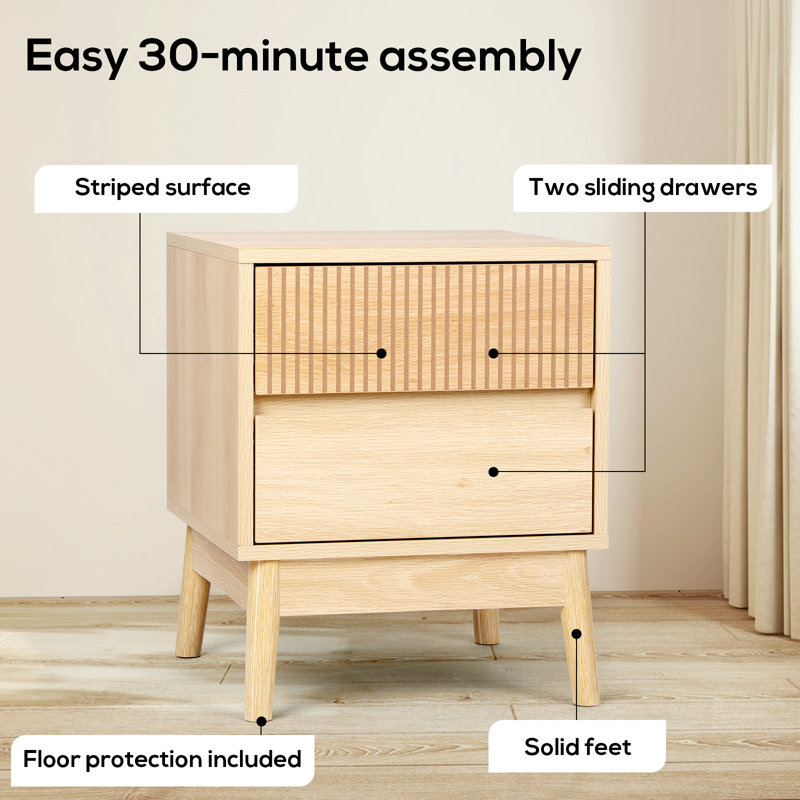 Grooved Wooden Nightstands With 2 Drawers , Set of 2 