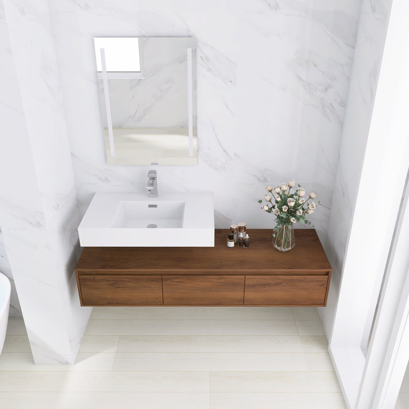 Meuble-lavabo mural simple 60 po avec lavabo en résine, 3 tiroirs à fermeture en douceur, montage flottant