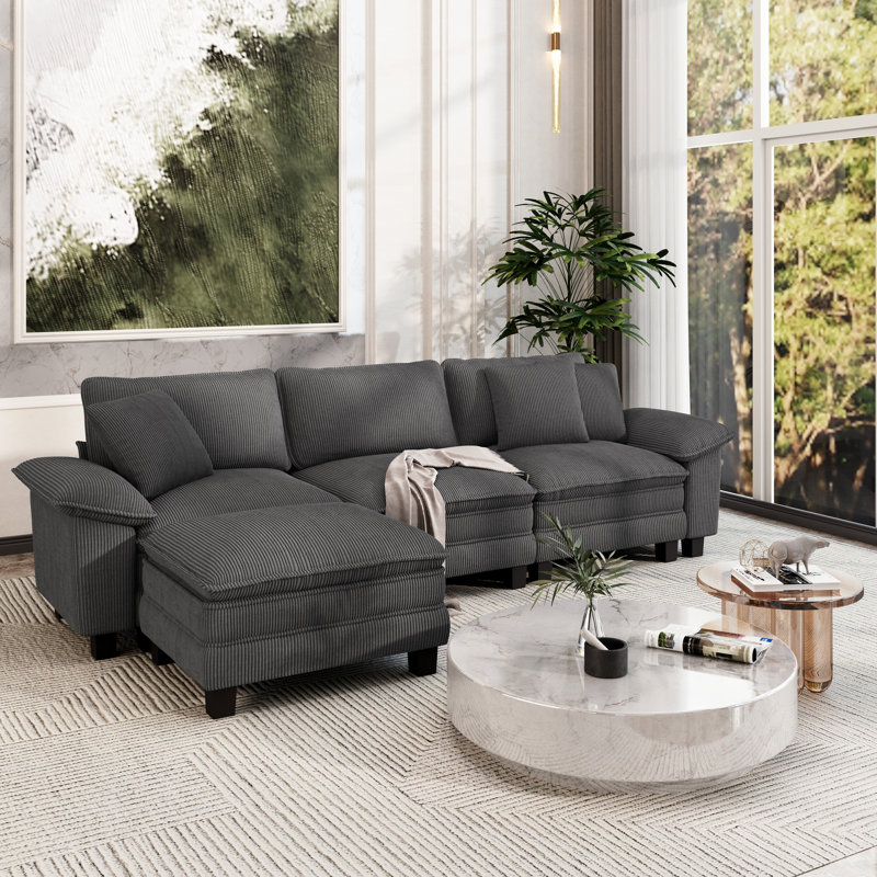 124" Modular Sectional Sofa, Oversized L Shaped Couches With Ottoman, 4-seater Deep Seat Sofa With Throw Pillow